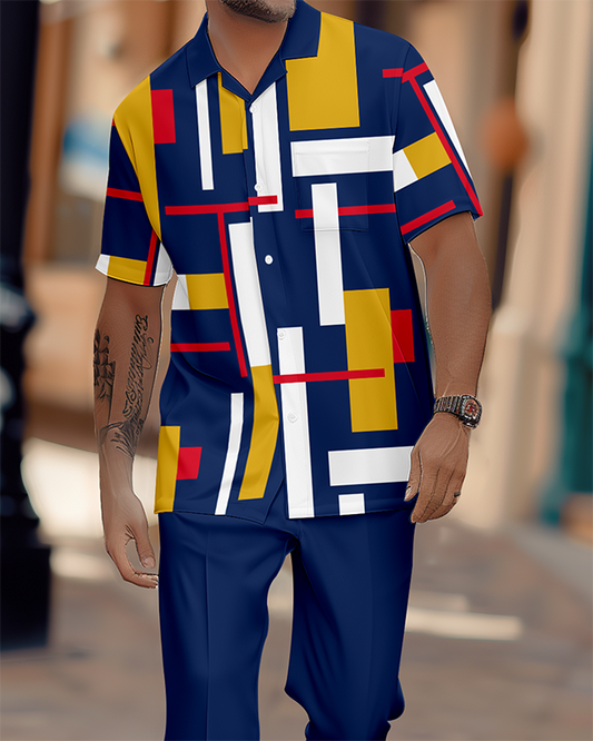 Men's Gorgeous Color Block Short Sleeve Shirt Walking Suit 1193