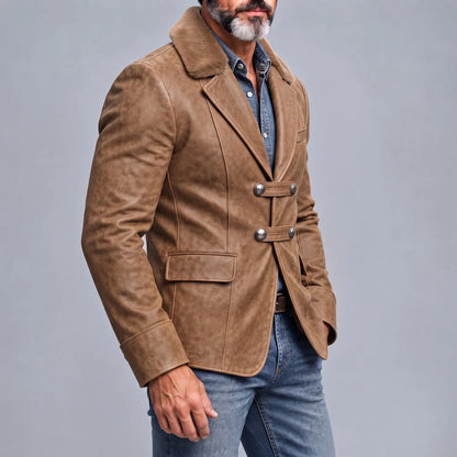 Men's Camel PU Leather Contrast Fuzzy Collar Double Breasted Slim Fit Vintage Blazer