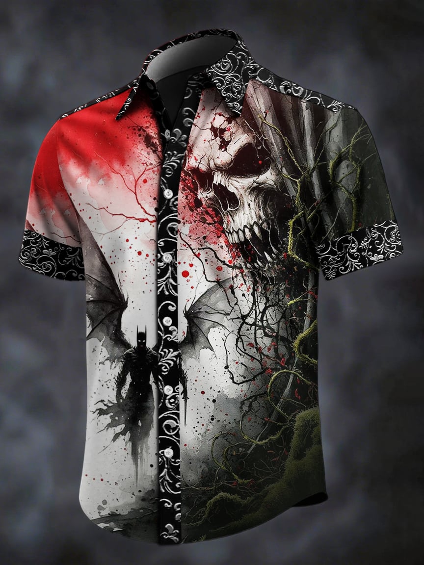 Men's Retro Skull Print Lapel Short Sleeve Shirt