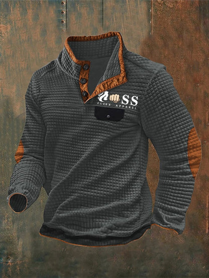 Men's Vintage Lettering Printed Stand Collar Check Button Sweatshirt