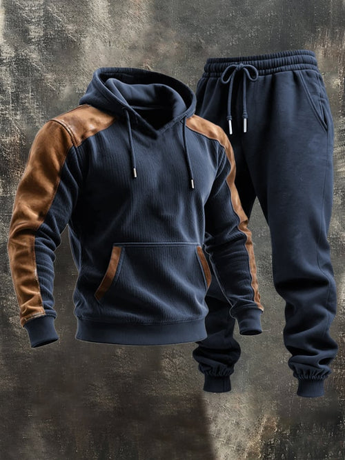 Men's Retro Stitching Contrast Color Hooded Casual Sweatshirt Suit