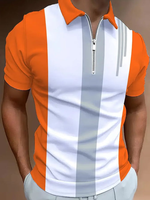 Men's Casual Color Block Zip-Up Polo Shirt