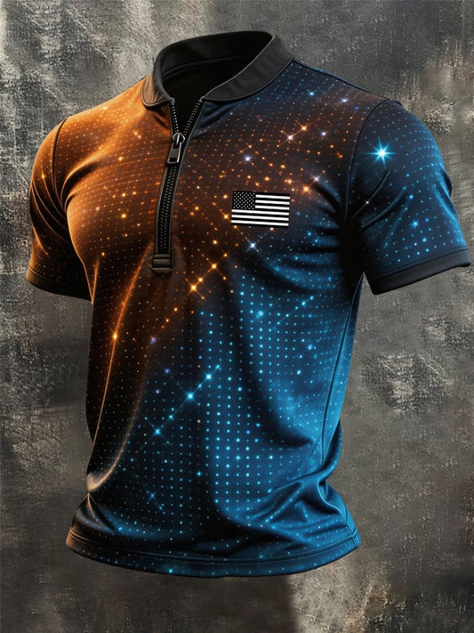Men's Retro Color-Block Zip-Up T-Shirt
