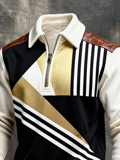 Men's Retro Color Block Print Color-Blocked Zip-Up Sweatshirt