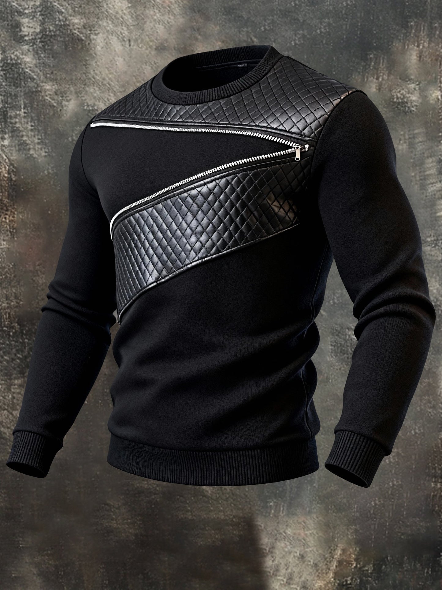 Men's Vintage Leather Patchwork Zip-Up Crewneck Long-Sleeved Sweatshirt
