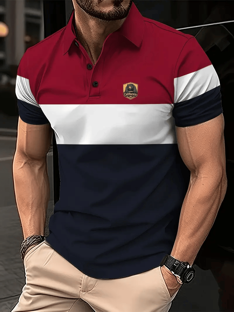 Men's Business Stripe Logo Button-Down Short Sleeve Polo Shirt