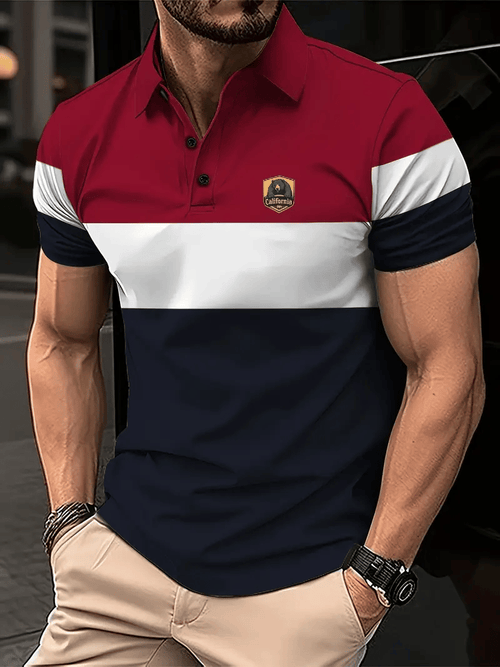 Men's Business Stripe Logo Button-Down Short Sleeve Polo Shirt