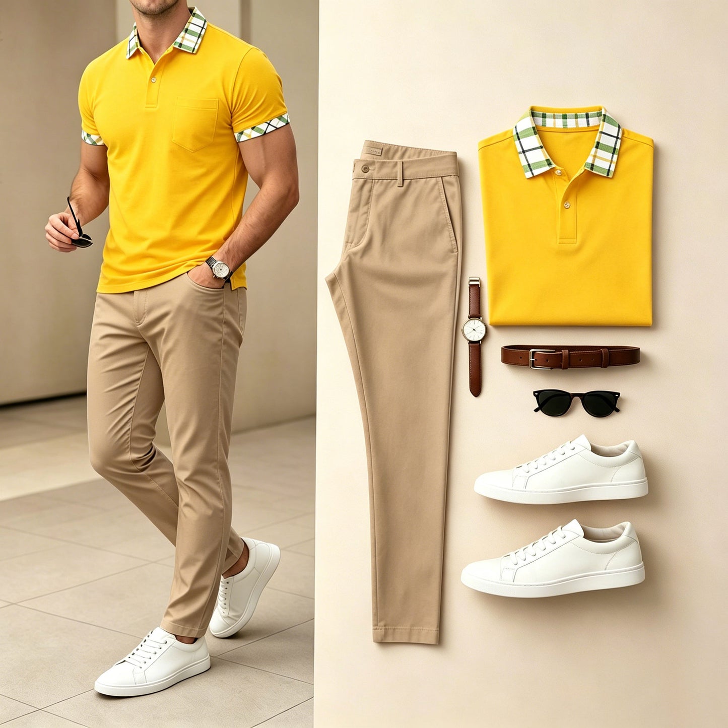 Men's Yellow & Khaki Color Matching Geometric Printed Short Sleeves Polo Shirt & Pants Two-Piece Set