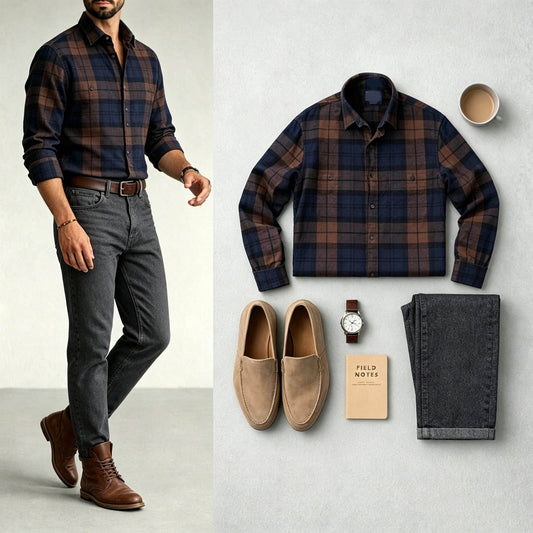 Men's Orange & Navy Blue Color Matching Retro Style Plaid Printed Lapel Collar Long Sleeves Shirt & Jeans Two-Piece Set