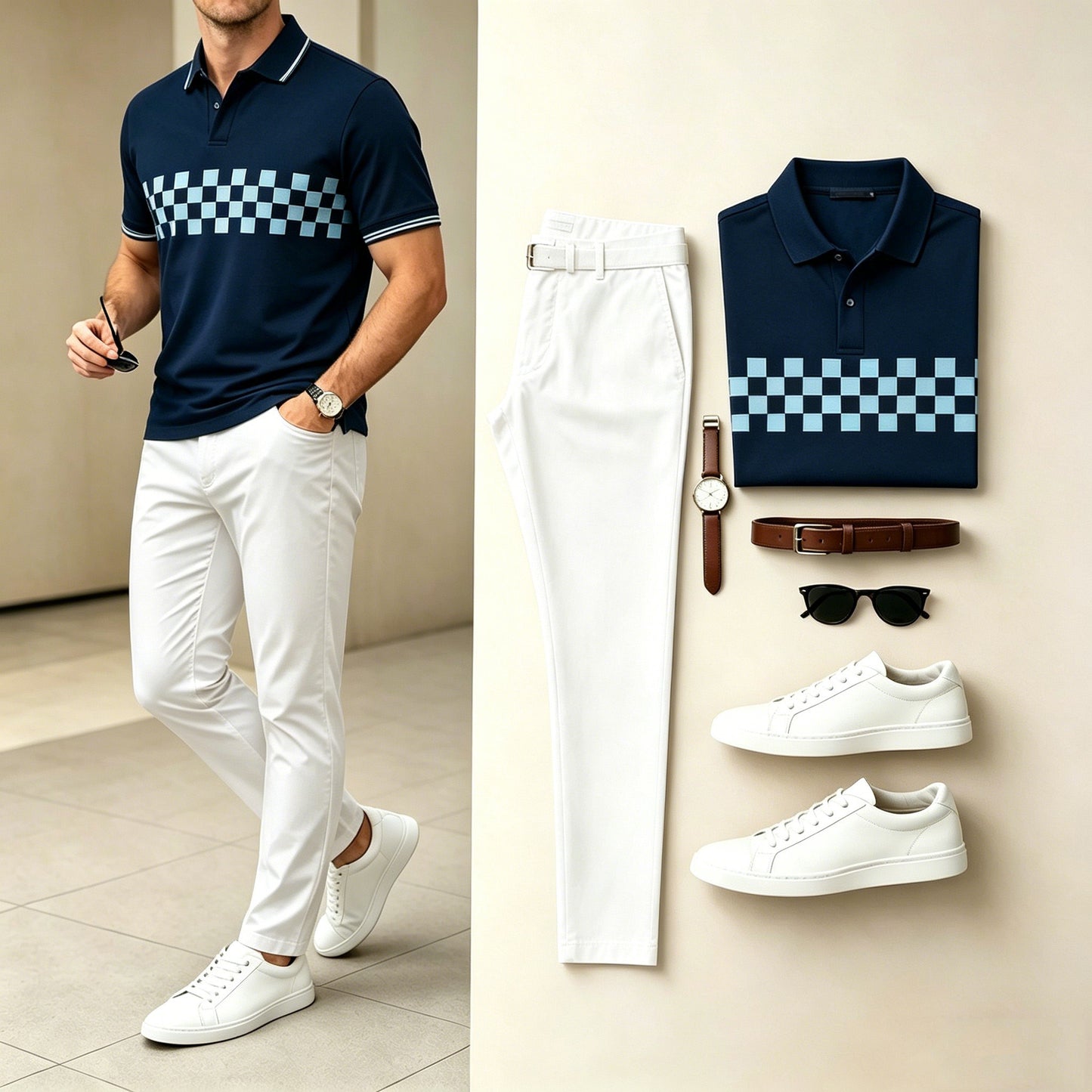 Men's Casual Navy Light Blue Checker Printed Polo Shirt & White Pants Two-Piece Set