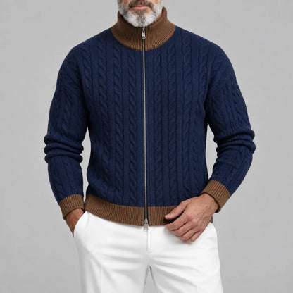 Men's Gray Contrast Trim Stand Collar Cable Knit Zip-Up Cardigan