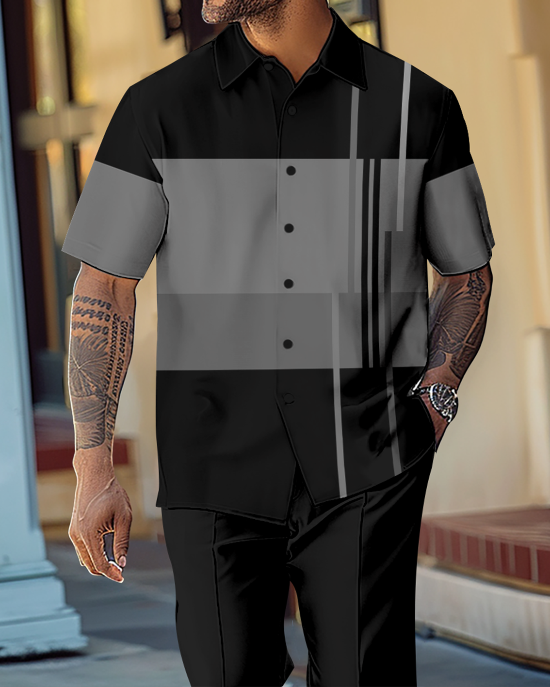 Men's Gradient Color Block Short Sleeve Shirt Walking Suit 1143