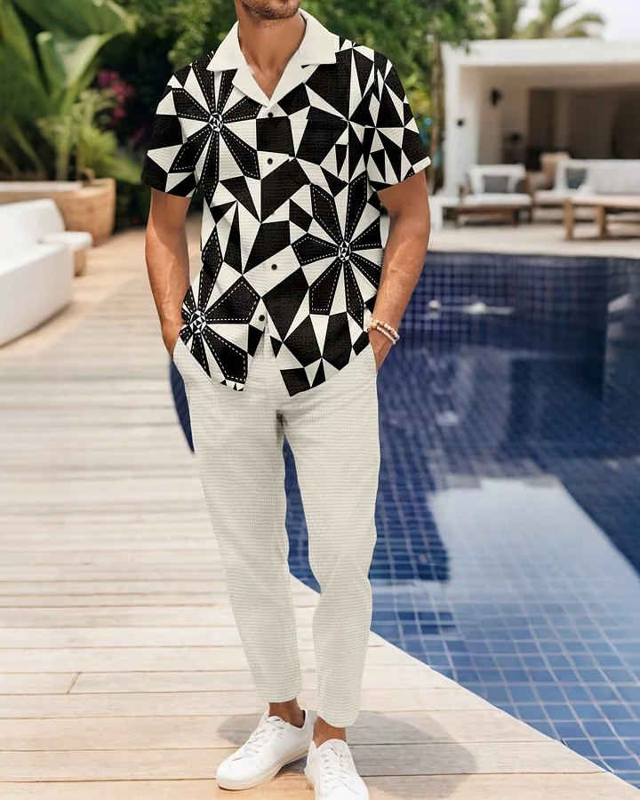 Men's Colorblock Printed Waffle Short Sleeve Shirt Pants Walking Suit 1738