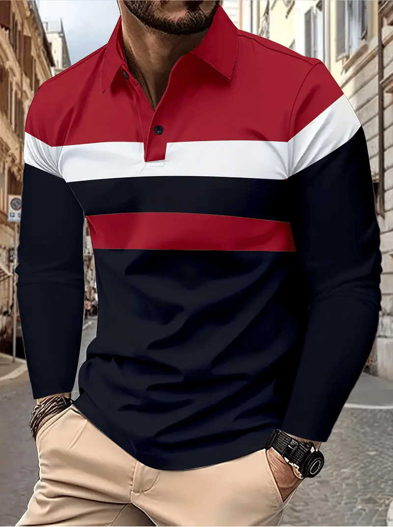 Men's Business Casual Striped Long-Sleeved Polo Shirt