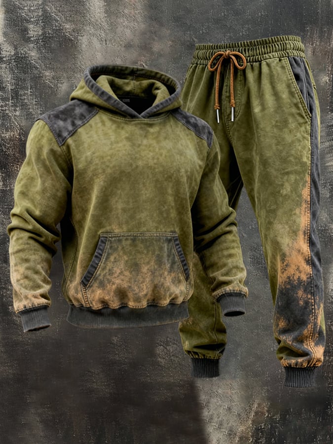 Men's Retro Distressed Contrast Color Hooded Casual Sweatshirt Set