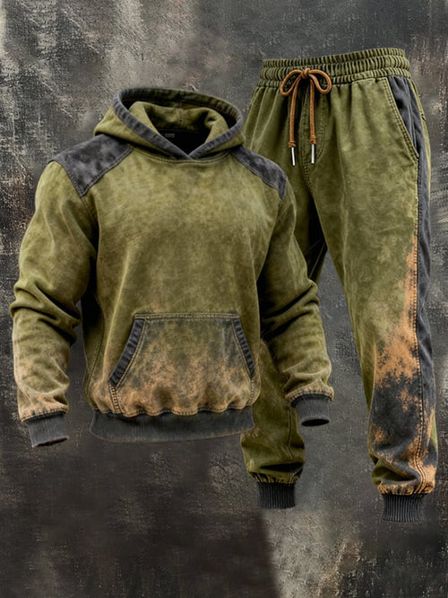 Men's Retro Distressed Contrast Color Hooded Casual Sweatshirt Set