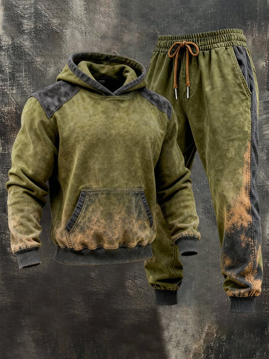 Men's Retro Distressed Contrast Color Hooded Casual Sweatshirt Set