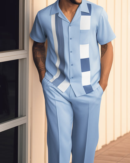 Men's Retro Colorblock Short Sleeve Shirt Walking Suit 1463