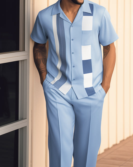 Men's Retro Colorblock Short Sleeve Shirt Walking Suit 1463
