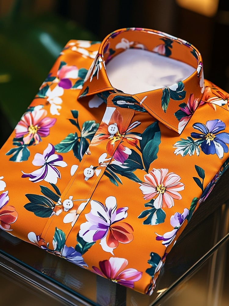 Men's Satin Luxe Hawaiian Orange Floral Short Sleeve Button Shirt