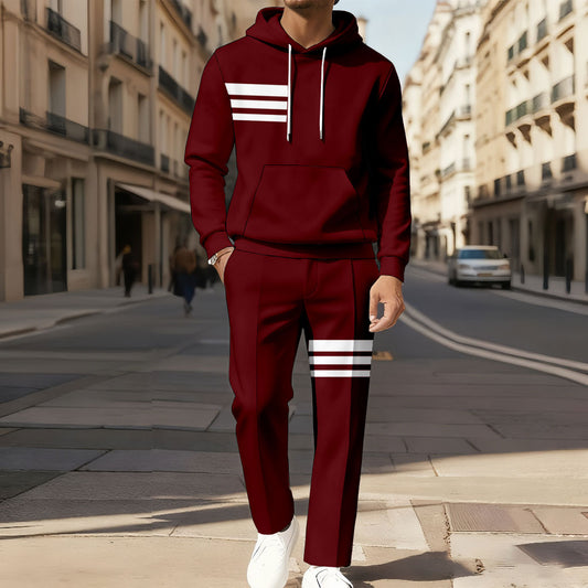 Men's Casual Color Matching Printed Long-Sleeve Hoodies Sweatshirt & Trousers Two-Piece Set