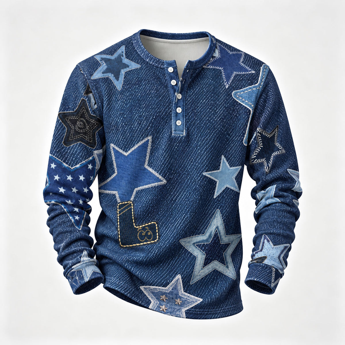 Men's Printed Henley-Neck Long-Sleeve Shirt