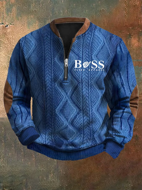Men's Retro Letter Design Jacquard Fabric Zipper Neck Sweatshirt
