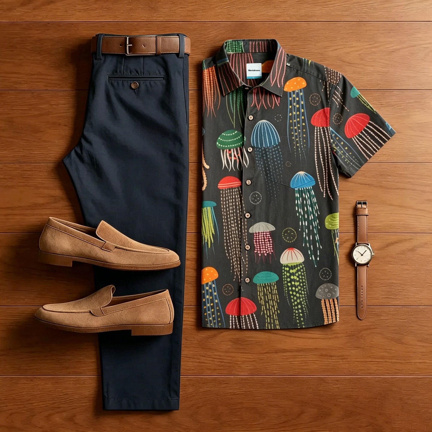 Men's Retro Style Colorful Jellyfish Print With Polo Collar Shirt & Pants Two-Piece Set