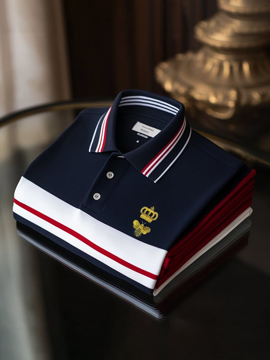 Men's Classic Business Check Logo Button Short Sleeve Polo Shirt