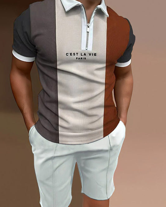 Men's polo shirt colorblock stripe two piece set