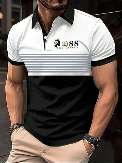 Men's Casual Striped Letter Polo Shirt
