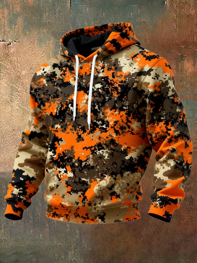 Men's Retro Distressed Color Block Camouflage Print Casual Long Sleeve Sweatshirt