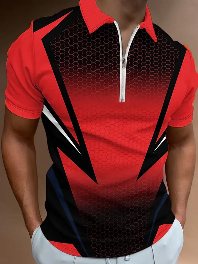 Men's Casual Color Block Zip-Up Polo Shirt
