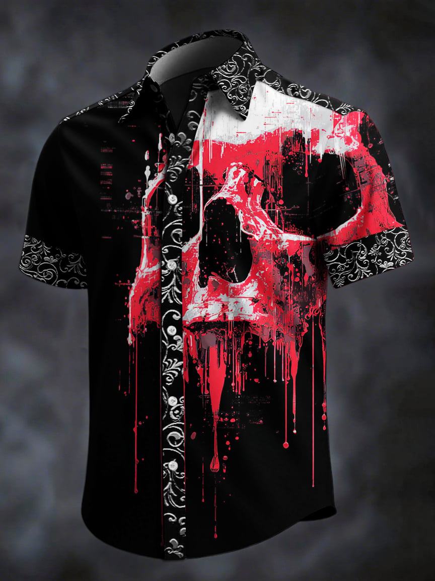 Men's Retro Skull Print Lapel Short Sleeve Shirt