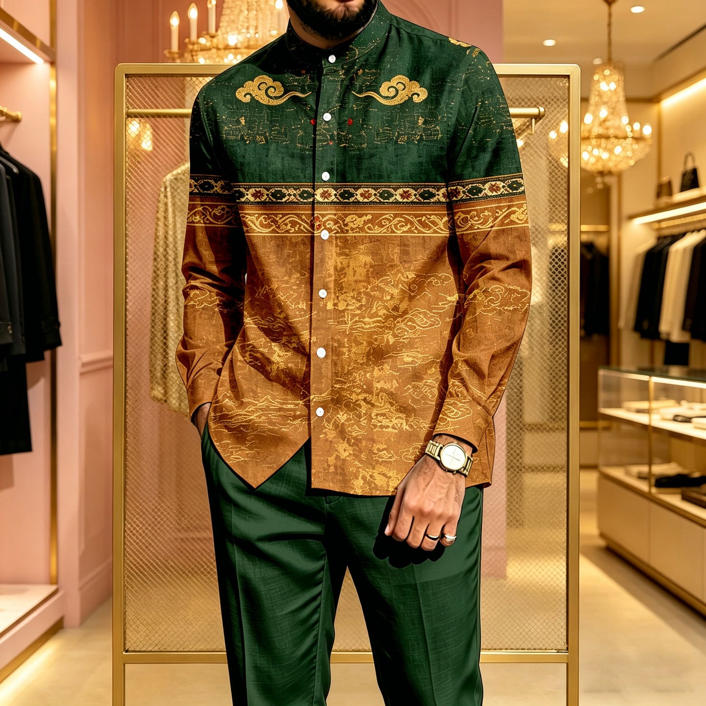 Men's Casual Patchwork-Print Stand-Collar Long-Sleeve Shirt and Pants Two-Piece Set
