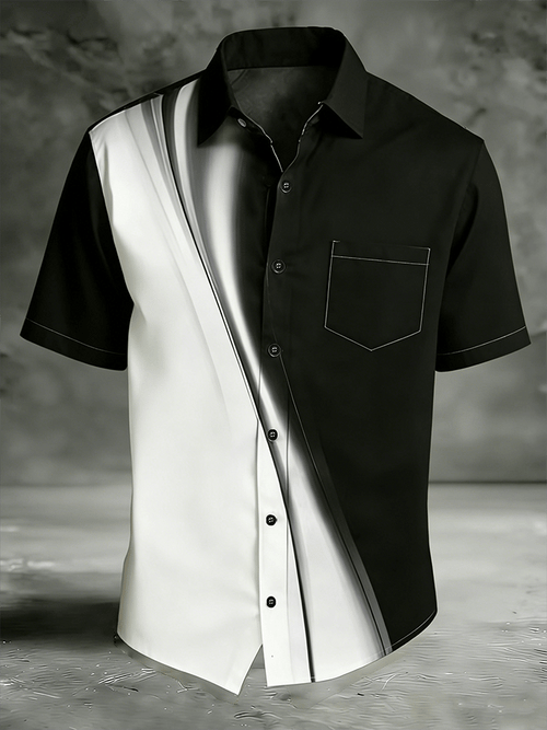 Men's Vintage Abstract Art Print Short-Sleeved Pocket Shirt