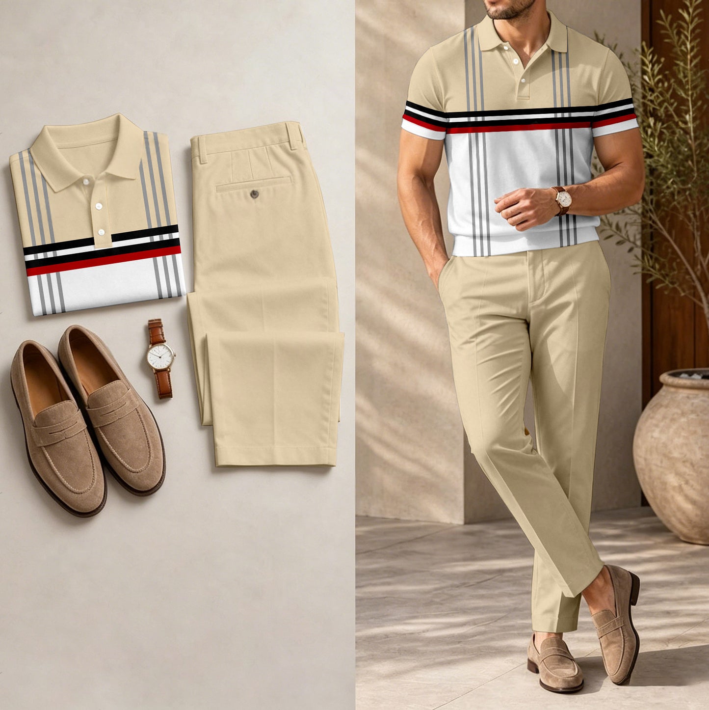 Men's Casual Apricot Printed Polo Shirt And Pants Two-Piece Set