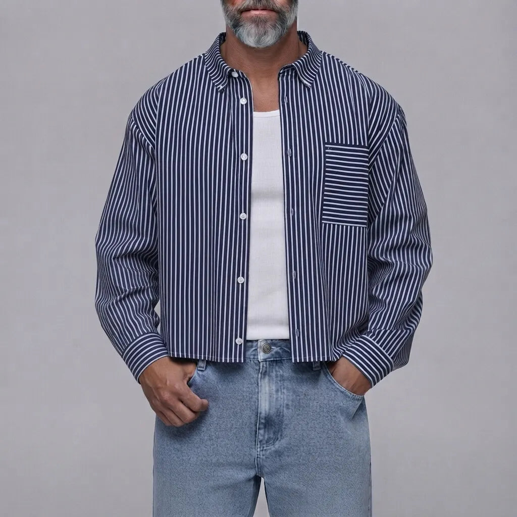 Men's Classic Striped Print Chest Pocket Button Down Long Sleeve Shirt