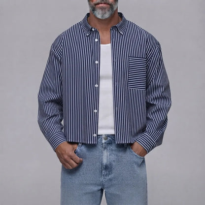 Men's Classic Striped Print Chest Pocket Button Down Long Sleeve Shirt
