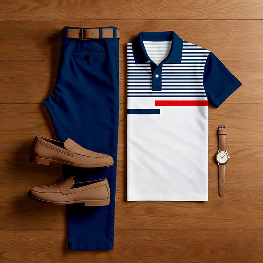 Men's Casual Dark Blue Geometric  Printed Polo Shirt And Pants Two-Piece Set