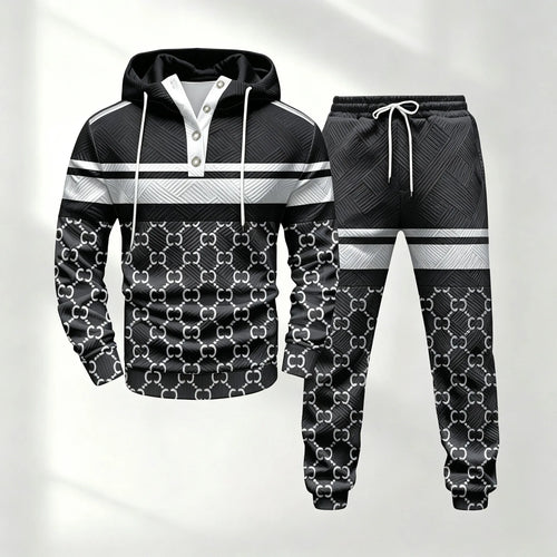 Men's Half-Button-Down Hooded Long-Sleeve Top and Pants Set
