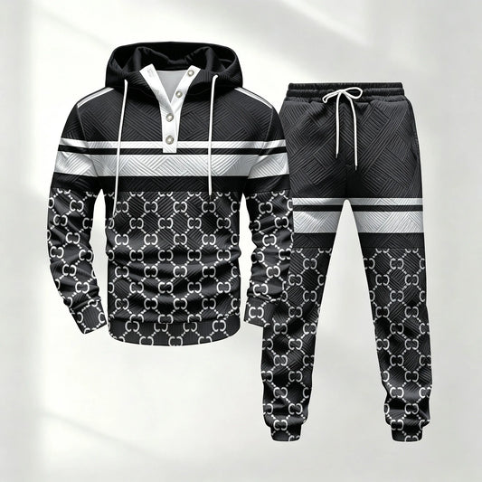 Men's Half-Button-Down Hooded Long-Sleeve Top and Pants Set