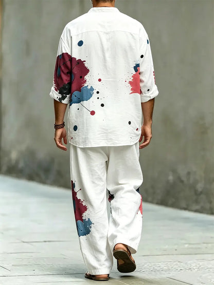 Men's Stylish Abstract Art Print Cotton Shirt Set