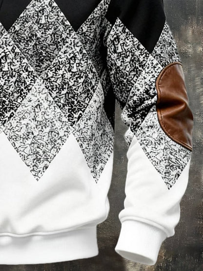Men's Retro Color Block Print Fur Collar Sweatshirt