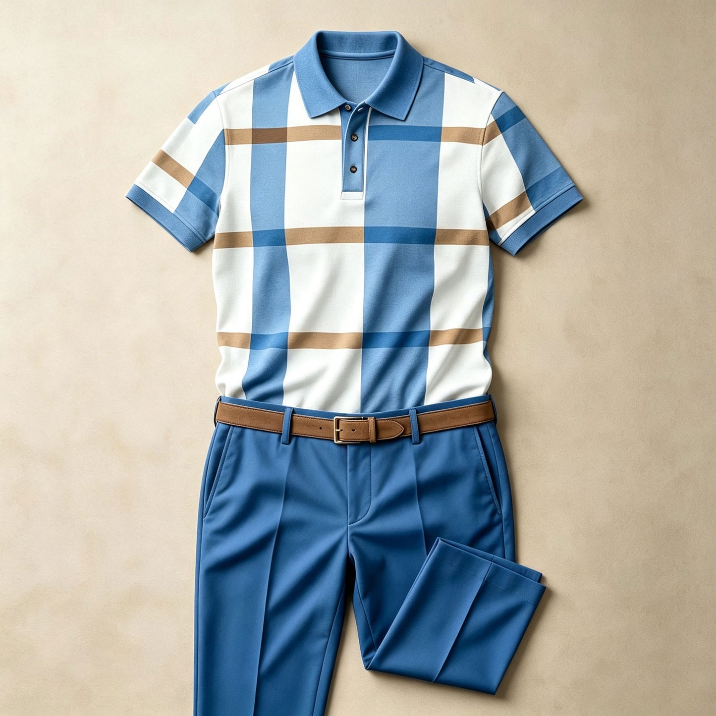 Men's Checkered Short-Sleeve Polo Shirt and Pants Two-Piece Set