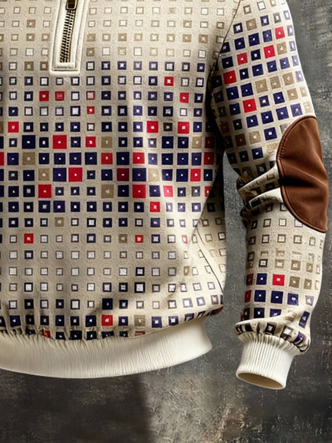 Men's Retro Color Block Print Color-Blocked Zip-Up Sweatshirt