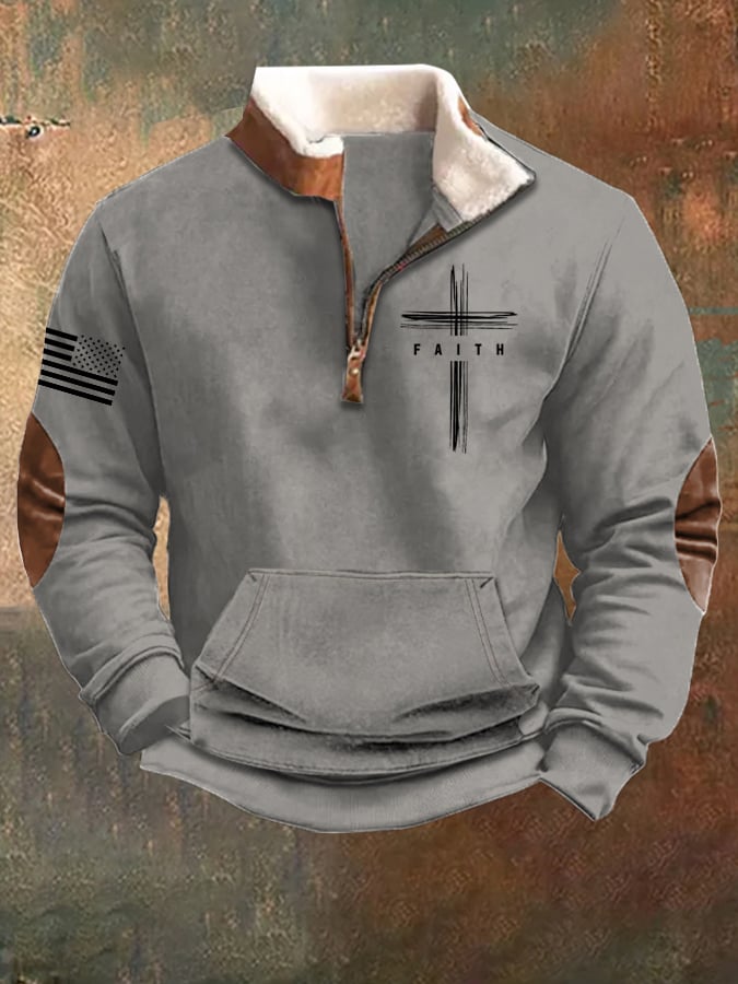 Men's faith faith vintage zip-up collar long-sleeved sweatshirt