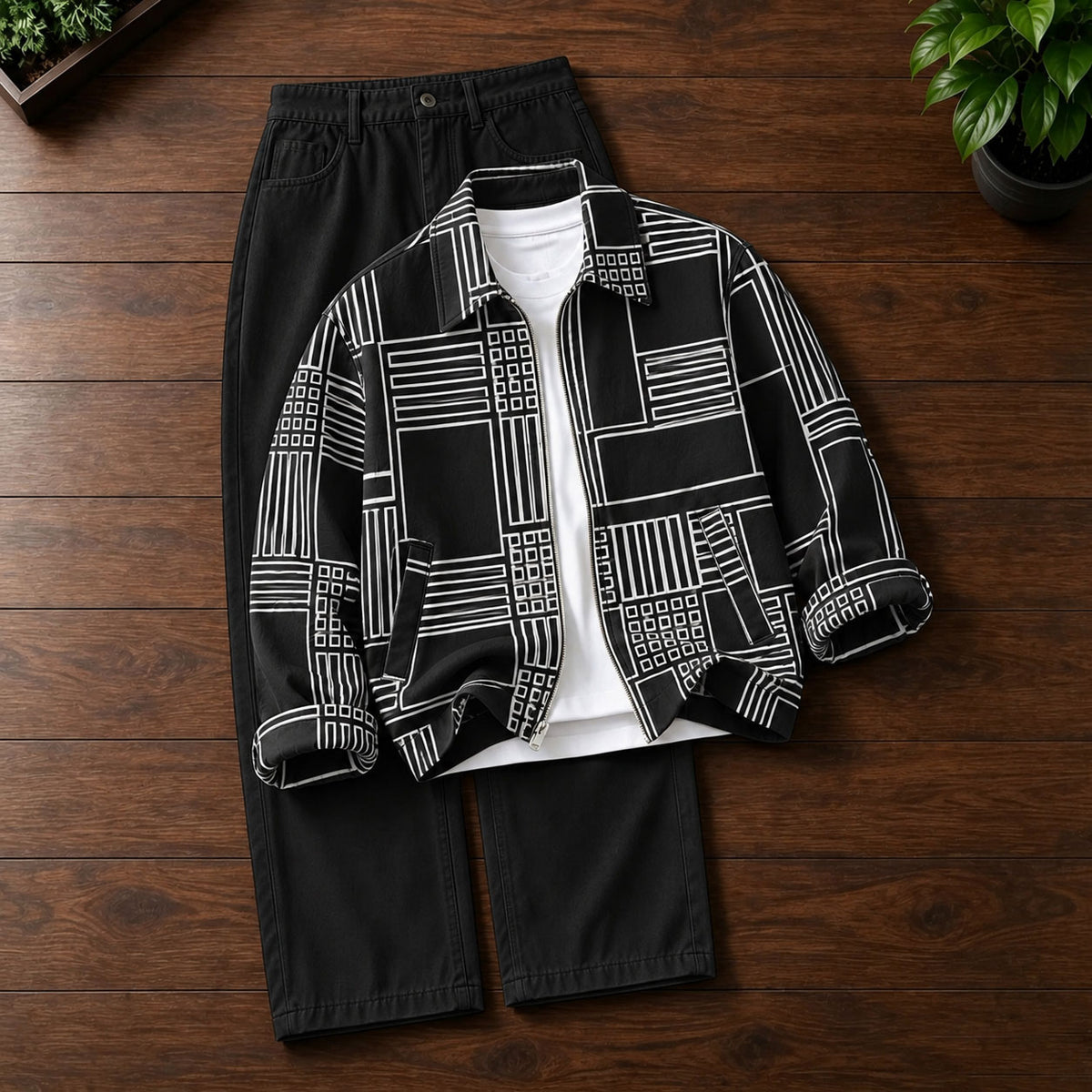 Men's Printed Lapel-Collar Zip-Up Cardigan and Pants Set