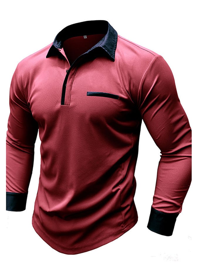 Men's Fashion Color Blocking Half Button Long Sleeve Polo Shirt