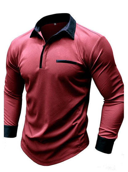 Men's Fashion Color Blocking Half Button Long Sleeve Polo Shirt